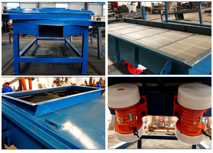 方形振動篩出料口,篩網(wǎng)和網(wǎng)架,進料口,振動電機等細節(jié)展示。