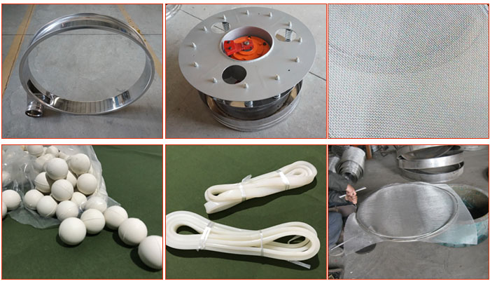 800型全不銹鋼振動篩配件有：振動篩篩框，電機，不銹鋼篩網等。