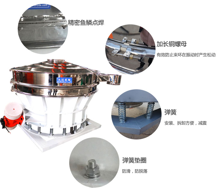 1500直排篩細節展示：彈簧，彈簧墊圈，加長銅螺母。