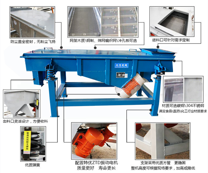 方形振動篩結(jié)構(gòu)包括:防塵蓋:全密封,無粉塵飛揚。網(wǎng)架木質(zhì)/鋼制,篩網(wǎng)編織網(wǎng)/沖孔板可選。進料口可針對需求定制。出料口靈活設(shè)計,方便受料,材質(zhì)可選碳鋼/304不銹鋼滿足食品/醫(yī)藥/化工行業(yè)材質(zhì)要求。優(yōu)質(zhì)彈簧。配置特優(yōu)ZTD振動電機質(zhì)量更好,壽命更長。支架采用優(yōu)質(zhì)方管,更穩(wěn)固整機高度可根據(jù)現(xiàn)場要求,加高或降低。
