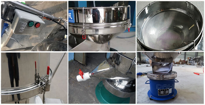 過濾篩細節(jié)展示：控制開關，篩框，出料口閥門，底座等